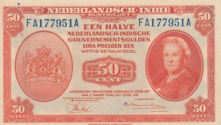 Indes Néerlandaises 50 cent inde néerlandaise - 1943 - Reine Wilhelmina - Série FA
