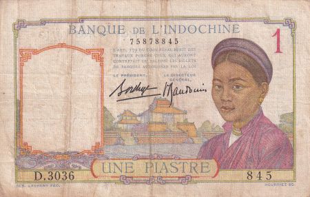 Indo-Chine Fr. 1 Piastre - Femme - Temple - ND (1936) - Série D.3036 - P.54b
