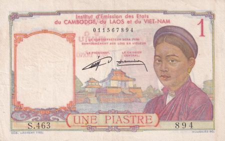 Indo-Chine Fr. 1 Piastre - Femme - Temple - ND (1953) - Série S.463 - P.92