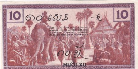 Indo-Chine Fr. 10 Cents Sculptures, danseuses - Eléphants, village - 1939