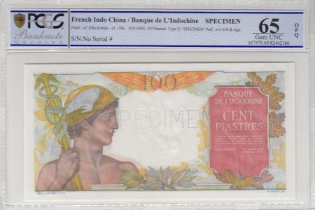Indo-Chine Fr. 100 Piastres Mercure  ND 1949, Spécimen - PCGS UNC 65