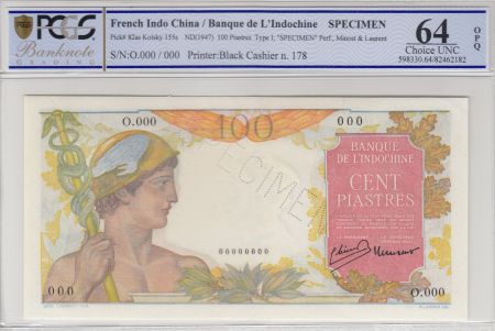Indo-Chine Fr. 100 Piastres Mercure ND 1947, Spécimen - PCGS MS 64