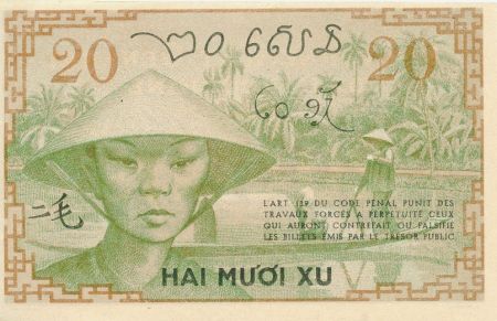 Indo-Chine Fr. 20 Cents ND (1939) - Femme au chapeau conique - TTB+