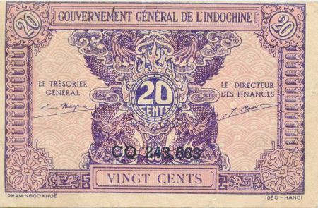 Indo-Chine Fr. 20 Cents ND (1942) - Série CO 243.663 - TTB