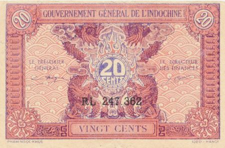 Indo-Chine Fr. 20 Cents ND (1942) - Série RL 247.362 - TTB