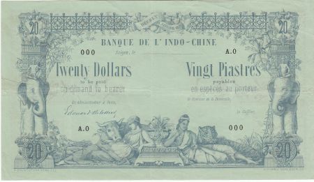 Indo-Chine Fr. 20 Dollars - 20 Piastres - Spécimen 1876 - Série A.0 - TTB+ / P.SUP