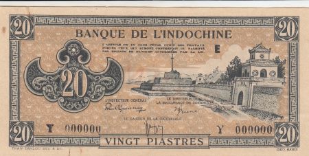 Indo-Chine Fr. 20 Piastres - 1945 - Lettre E Y.000000 - Spécimen - SUP +