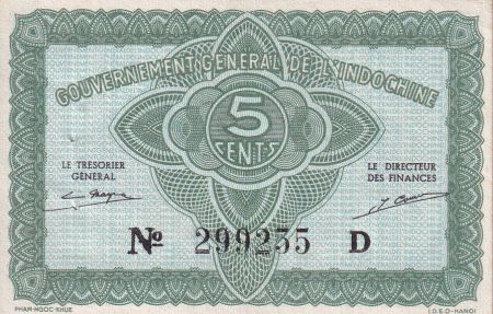 Indo-Chine Fr. 5 Cents - Vert - ND (1942) - Série D - P.88a