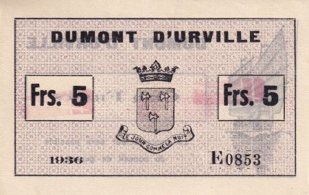 Indo-Chine Fr. 5 Francs - Dumont D\'Urville - 1936 - E0853 - Kol.210