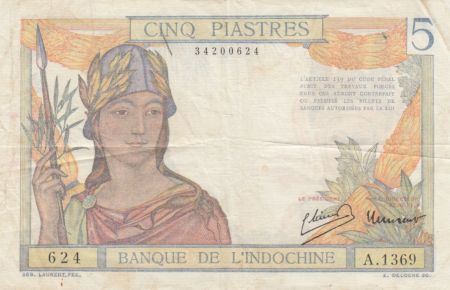 Indo-Chine Fr. 5 Piastres Femme casquée - ND (1946) - Série A.1369