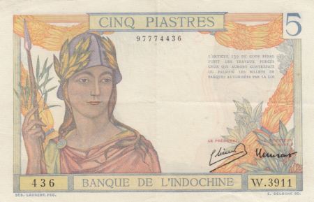 Indo-Chine Fr. 5 Piastres Femme casquée - ND (1946) - Série W.3911