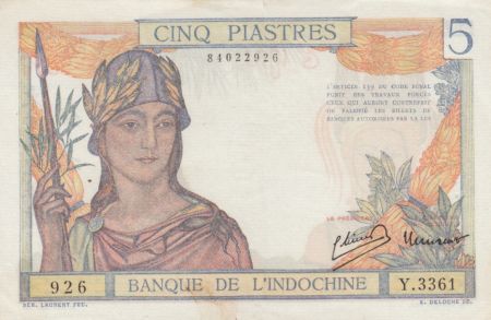 Indo-Chine Fr. 5 Piastres Femme casquée - ND (1946) - Série Y.3361