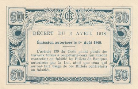 Indo-Chine Fr. 50 Cents - 1919 - Impression Banque Chaix - Epreuve Bleu - p.Neuf