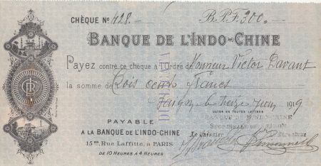 Indo-Chine Fr. Chèque 300 Francs Banque de l\'Indochine - 1919