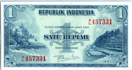 Indonésie 1 Rupiah Plage, montagne - 1951