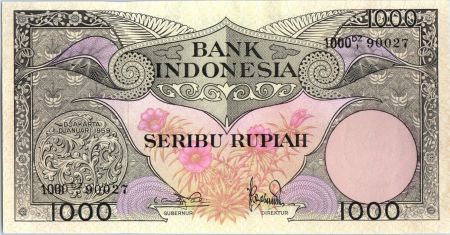 Indonésie 1000 Rupiah Oiseaux de Paradis - 1959