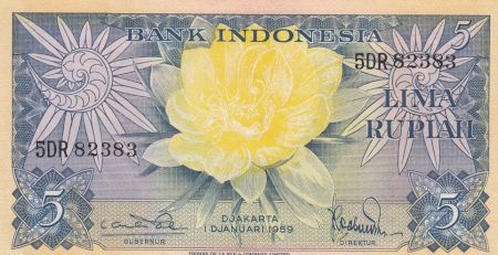 Indonésie 5 Rupiah - Fleurs - Oiseaux - 1959 - P.65