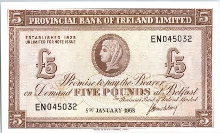 Irlande du Nord 5 Pounds Portrait - Banque - 1968
