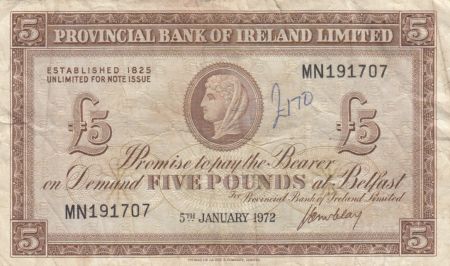 Irlande du Nord 5 Pounds Provincial Bank Limited 1972 - TB+ - P.246 - Série MN
