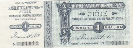 Italie 1 Lira, Manufacture Cirié - 1894 - Bon fiduciaire