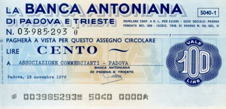 Italie 100 Lire Banca Antonina di Padova i Trieste - 1976 - Padova - NEUF