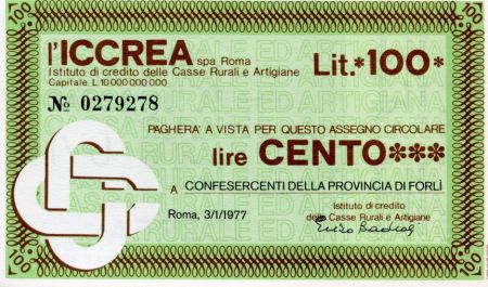 Italie 100 Lire ICCREA - 1977 - Roma - a Confesercenti della Provincia di Forli - NEUF