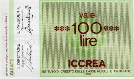 Italie 100 Lire ICCREA - 1977 - Roma - a Confesercenti della Provincia di Forli - NEUF