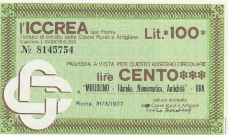Italie 100 Lire ICCREA - Bra - 1977 - Neuf