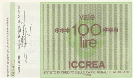 Italie 100 Lire ICCREA - Bra - 1977 - Neuf