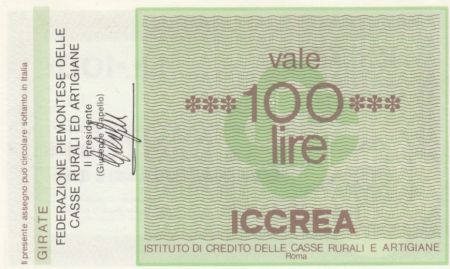 Italie 100 Lire ICCREA - Piemont - 1977 - Neuf