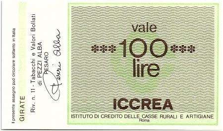 Italie 100 Lire ICCREA - Tabbacchi Bollati - 1977 - Neuf
