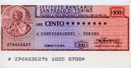 Italie 100 Lire Istituto Bancario San Paolo di Torino - 1976 - Torino - TTB