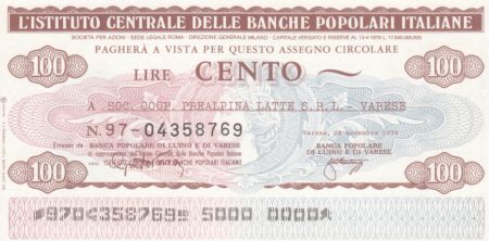Italie 100 Lire Istituto Generale delle Banche Popolari Italiane - 1976 - Neuf - Varese