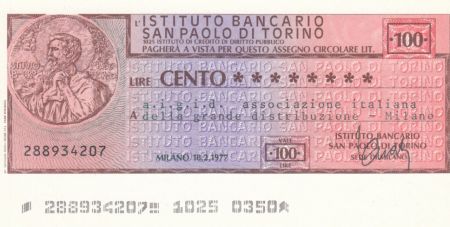 Italie 100 Lires  lIstituto Bancario San Paolo di Torino - 1977 - Milan - Neuf