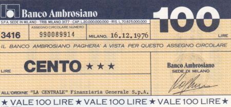 Italie 100 Lires Banco Ambrosiano - 16-12-1976 - Neuf