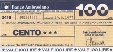 Italie 100 Lires Banco Ambrosiano - 29-06-1977 - Neuf