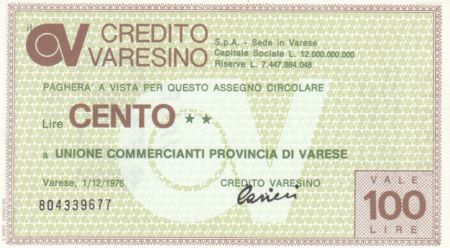 Italie 100 Lires Credito Varesino - Vert - 1976 - Neuf