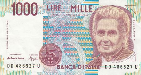 Italie 1000 Lire - 03-10-1990 - M. Montessori, Enfants à l\'école - Série DD