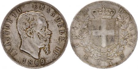 Italie 5 Lire Victor Emmanuel II - Armoiries - 1869 Argent