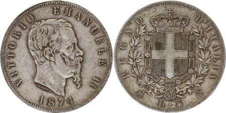 Italie 5 Lire Victor Emmanuel II - Armoiries - 1874 Argent