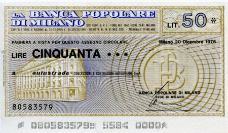 Italie 50 Lire Banca Popolare di Milano - 1976 - Milano - Neuf