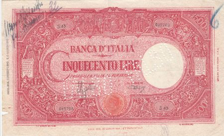 Italie 500 Lire - 23-08-1943 - Rouge, FAUX, perforé FALSO