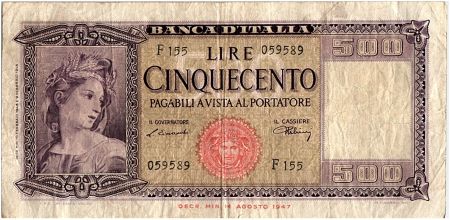 Italie 500 Lire,  Italia  - 1948 A - P.80 a - TB+
