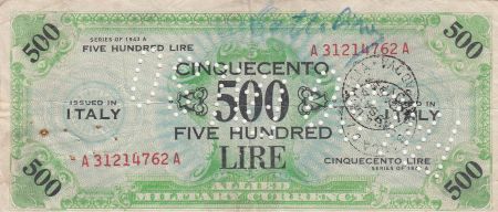 Italie 500 Lire 1943 - Vert et bleu - FAUX, perforé et tamponné FALSO