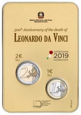 Italie Coffret 500 ans Mort de Léonard de Vinci - 2 Euros et 1 Euro Commémo. BU ITALIE 2019