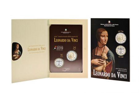 Italie Coffret 500 ans Mort de Léonard de Vinci - 2 Euros et 1 Euro Commémo. BU ITALIE 2019