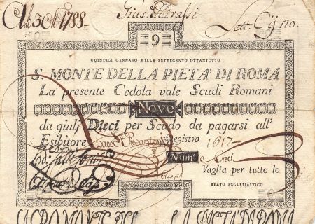 Italie ITALIE  ETATS PONTIFICAUX  MONTE DELLA PIETA  - 9 SCUDI 1785 / 1797 ROME