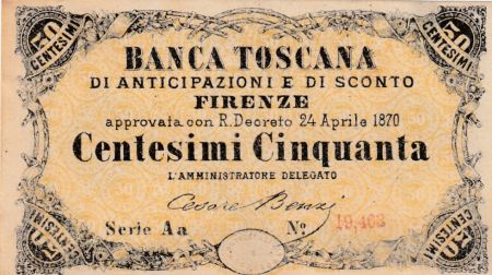 Italie NR.10 50 Centesimi, Vert et noir - Série Aa - 1870