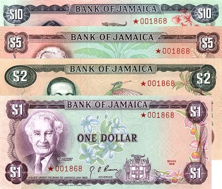 Jamaïque 1 à 10 Dollars, Serie pour collection, Numérotation rouge  - 1978