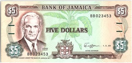 Jamaïque 5 Dollars, Norman Manley - Ancien Parlement -  1989